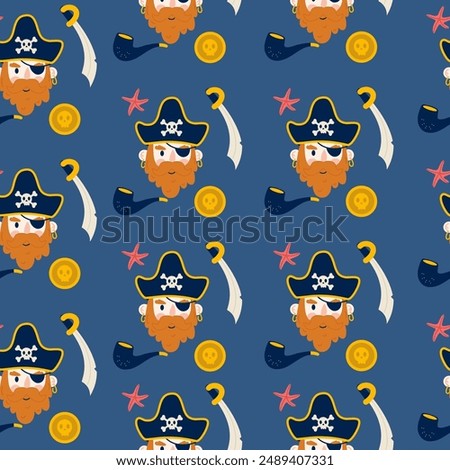 Pirate with pipe and saber seamless pattern in flat design