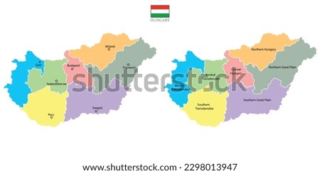 Two Hungary maps background with regions, region names and cities in color, flag. Hungary map isolated on white background. Vector illustration. Europe