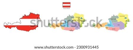 Three Austria maps background with states and flag. Austria map isolated on white background. Vector illustration. Europe