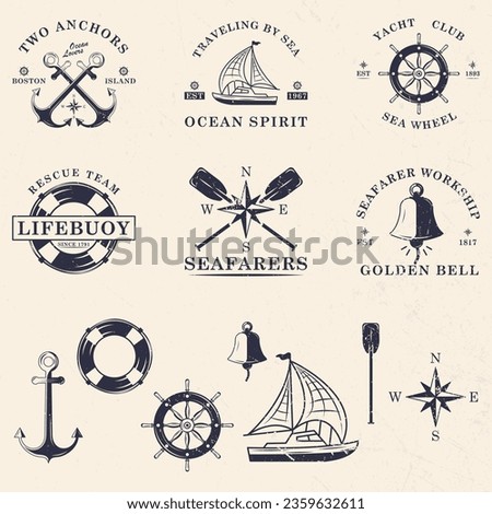 Nautical vintage logo set. Nautical emblems for t-shirt, banner, poster design. Anchor, Sea Wheel, Lighthouse icons. Trendy Hipster design. Marine labels templates. Vector illustration