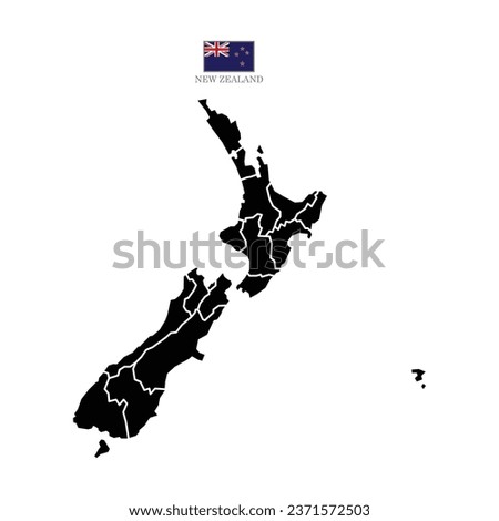 New Zealand contour vector map with state, black-white, flag in color. Background map eps 10	