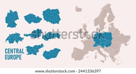 Central Europe map. Switzerland, Germany, Poland, Hungary, Austria maps with regions. Europe map isolated on white background. High detailed. Vector illustration