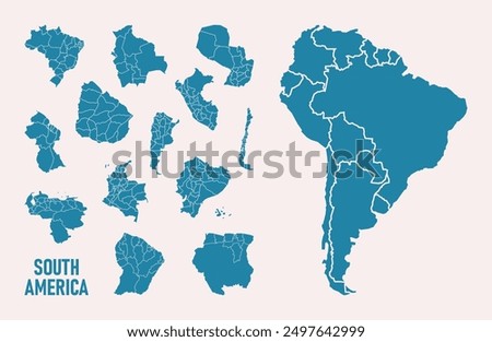 Set South America isolated map on white background. High detailed, with board. Brazil, Peru, Venezuela, Paraguay, Argentina, Colombia, Ecuador, Chile, Uruguay.