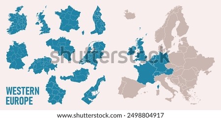 Western Europe map. Germany, Netherland, Belgium, Luxemburg, Austria, Switzerland, France, Monaco, Lieehtenstein, Ireland, Great Britain maps with regions. Europe map isolated on white background.