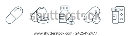 Pharmaceutical medicine and pill line icon. set of medicine icons, pills, capsules, drug store, pharmacy