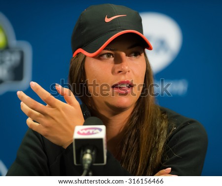 STANFORD, UNITED STATES - AUGUST 6 :  Ajla Tomljanovic talks to the media at the 2015 Bank of the West Classic WTA Premier tennis tournament