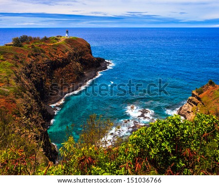 Kilauea lighthouse bay on a sunny day in Kauai, Hawaii Islands.
