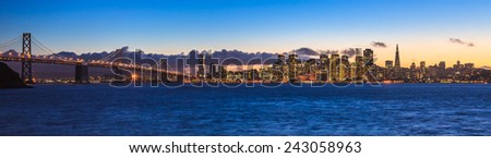 Evening panorama of San Francisco and Bay Bridge taken from Treasure Island.