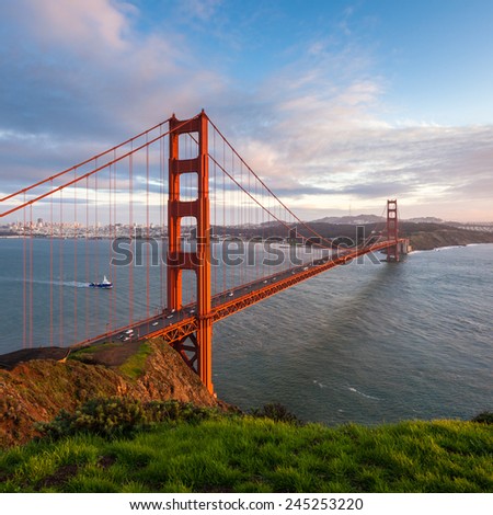 Golden Gate Bridge at sunset, seen from Marin Headlands.