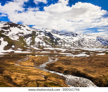 Summer landscape with snow near Myrdal in Norway.
