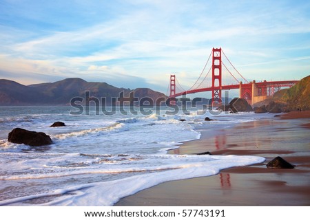 Golden Gate Bridge at Sunset Seen from Marshall Beach, San Francisco.