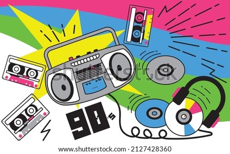 Music of the 90s tape recorder, golden star, cassettes, CDs and headphones