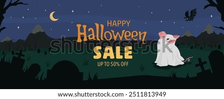 Halloween Sale vector banner. Vector illustration of night cemetery with a pig in a ghost costume.