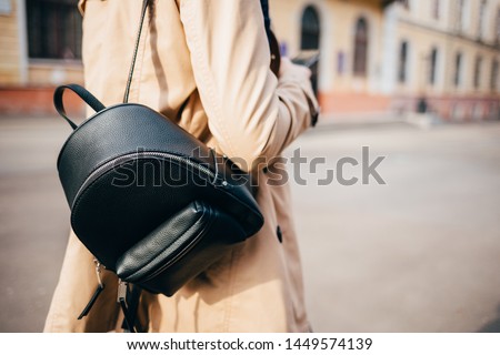 Similar – Foto Bild Frau mit Rucksack geht auf Felsen am Bach im Wald