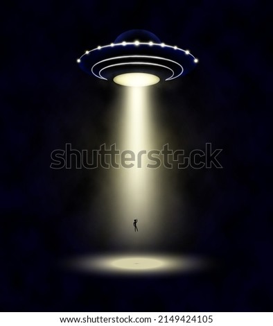 Realistic unidentified flying object in the smoke. UFO, alien abduction, area 51. Vector illustration