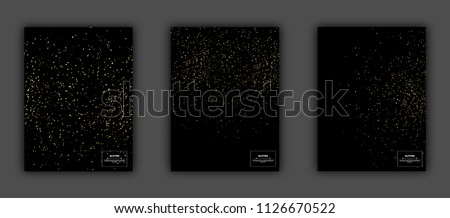 Gold glitter textures set on black background, vector illustration. Confetti particles flying in the air, explosion golden fragments party invitation concept.