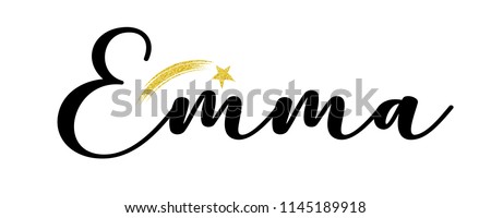 Girl's name Emma hand written with calligraphic letters, cute glitter gold star.