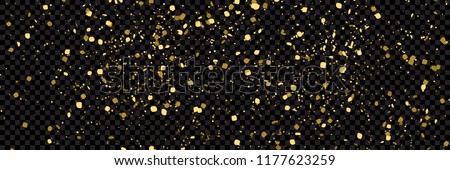 Gold glitter texture isolated on wide  black transparent background, vector illustration. Confetti particles flying in the air, explosion golden fragments concept.