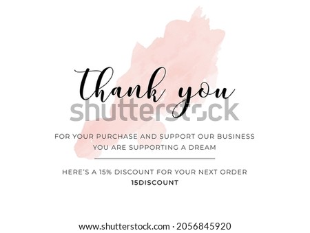 Thank you for your order customer thank you card, vector illustration. Handdrawn watercolour stain, hand written script, soft pastel colors. Elegant calligraphic graphic design elements for type.