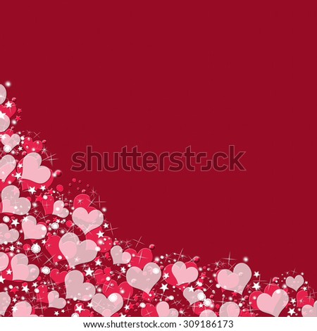 Elegant beautiful dark burgundy background with shining stardust, hearts, stars and space for text. Deep red romantic love postcard with volumetric hearts perfect for wedding and romantic invitations.