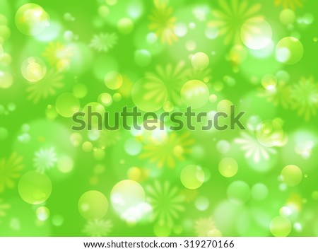 Spring abstract background. Green wallpaper with defocused flowers and bokeh. Summer background with beautiful flowers and blurred effect circles. Season spring summer wallpaper. Blurred green bokeh.