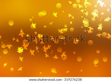 Fall background. Blurred golden leaves flying in the air. Autumn background with maple leaf. Nature bokeh background. Magic autumn concept. Fall season and autumn leaves. Abstract orange brown bokeh.