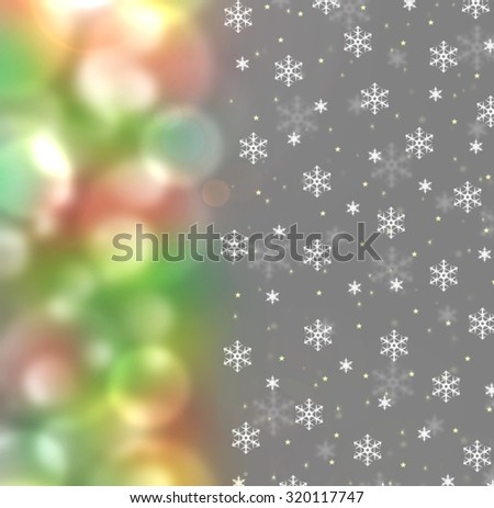 Magic Christmas lights sparkling snow background with stardust and shining stars. Gray grey winter Holiday postcard concept. Winter Holidays wallpaper with snowflakes and bokeh.