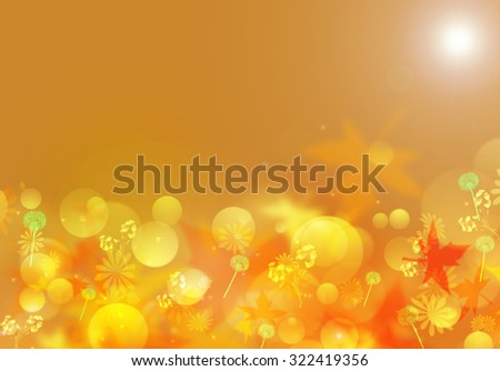 Autumn maple leaves and dandelions sunny background. Abstract fall bokeh with lens flare effect. Beautiful fall with leaf and flower. Blurred yellow and orange fall background with golden stardust.