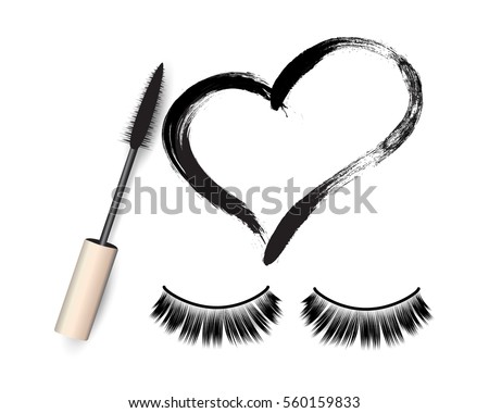 False eyelashes, mascara brush and black grunge swatch in heart shape vector illustration. Woman's cosmetics concept.