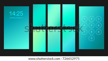 Abstract gradient texture set, vector illustration. Smartphone lock screen ui, ux template backgrounds. Blurred mint, turquoise, blue soft colors isolated on black.