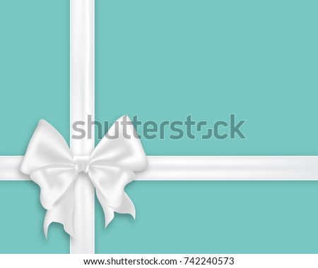 White bow silk ribbons, realistic vector illustration. Elegant satin bow on turquoise blue background, gift wrapping concept template with space for text. 