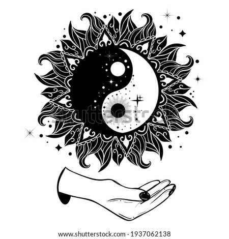 Yin yang tattoo art style. Bohemian abstract . Symbol of oppossites: day and night, sun and moon.