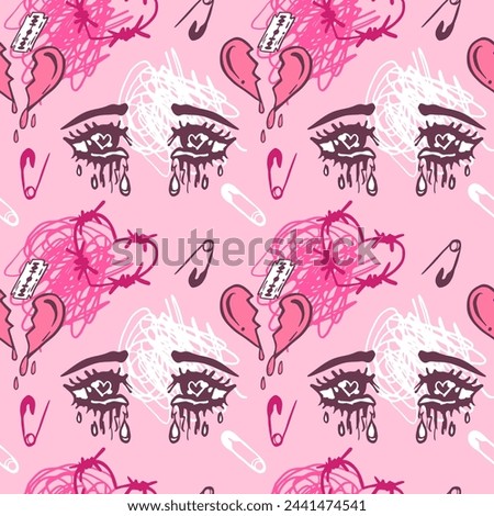 Manga seamless pattern with crying eyes. Sad eyes with tears, emo girl, broken hearts backdrop in pink colors.