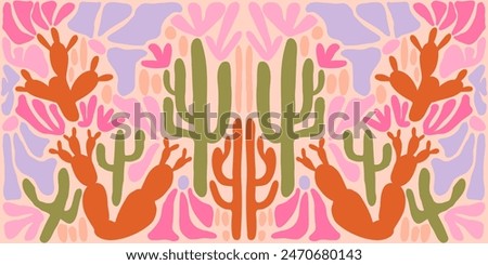 Desert matisse illustration. At nouveau landscape panorama with cactus. Tile seamless pattern in groovy 60s 70s vibes.