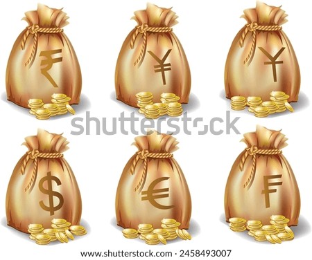 Money bag or cash sack near gold coins stack icon. with currency symbol dollar US, Chinese Yuan, Yen Japan, EU Euro, France Franc, india Rupee