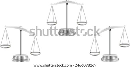 isometric silver scales. zero Weight scales. Justice scales. Libra icon. three set scale right, balance and left weight