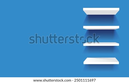 Empty white color shelf. Blank display shelves with blue background. Shelf mockup.