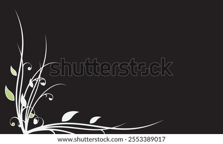 A minimalist floral vector design featuring white flowing branches, curls, and green leaves on a black background. Perfect for cards, banners, or invitations.