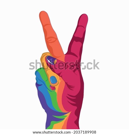 LGBTQ+ Rainbow colored Victory hand raised up Vector illustration isolated on white Background. Gay Pride, LGBTQ+ Concept, LGBTQ+ Acceptance, Ready to be Yourself. Sticker, t-shirt print, logo design.