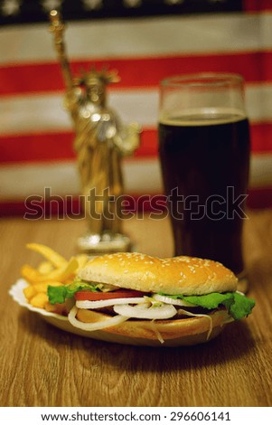 American symbols burger beer flag Statue of Liberty