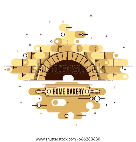 Vector stylized linear image of the oven, wood burning stoves, for logo, restaurants, websites and advertising. A brick oven with a rolling pin for dough and a name, a place for advertising.