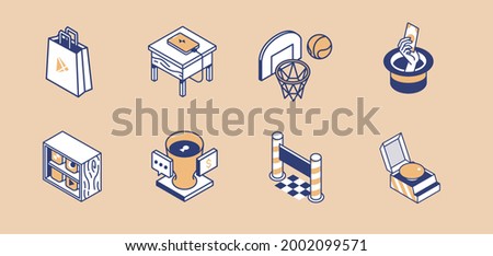 Isometric bag charging phone basketball hoop magic hat library app shelves security cup finish line and yellow button