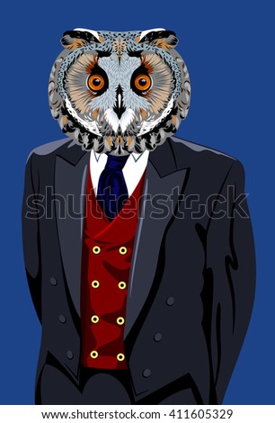 Man with owl head raises his finger