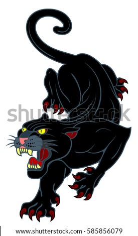 Image of a black panther, with a grinning mouth. Drawing in the style of Old School tattoo