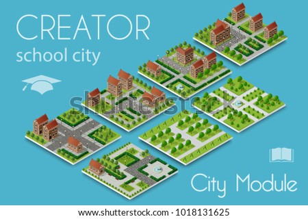 City module creator isometric concept of urban infrastructure. Vector building illustration of elements architecture, home, construction, block and park