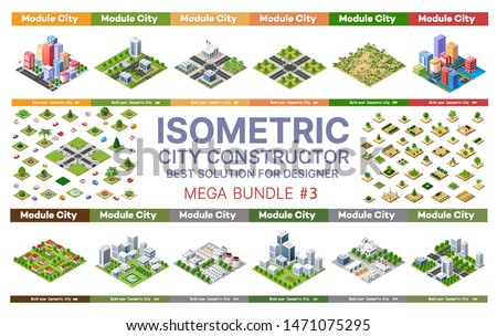 Isometric set of blocks module of areas of the city construction and designing of the perspective city of design of the urban environment