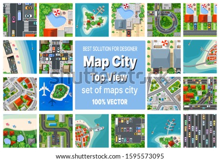 A set of maps top view of the city view from above with city houses, beaches and sea, plane and tourist islands. Stock concept illustration.