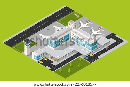 Isometric 3D airstrip of the city international airport terminal and transportation airplane runway