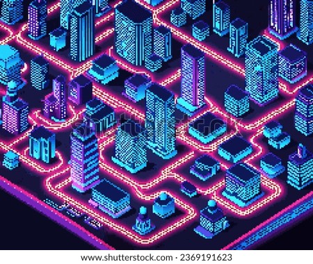 Three-dimensional projection pixel 8-bit art view of the city. 3D Illustration of houses module block district part. Scenery arcade video game background