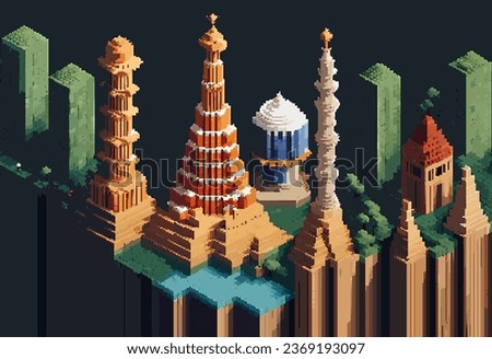 Three-dimensional projection pixel 8-bit art view of the city. 3D Illustration of houses module block district part. Scenery arcade video game background